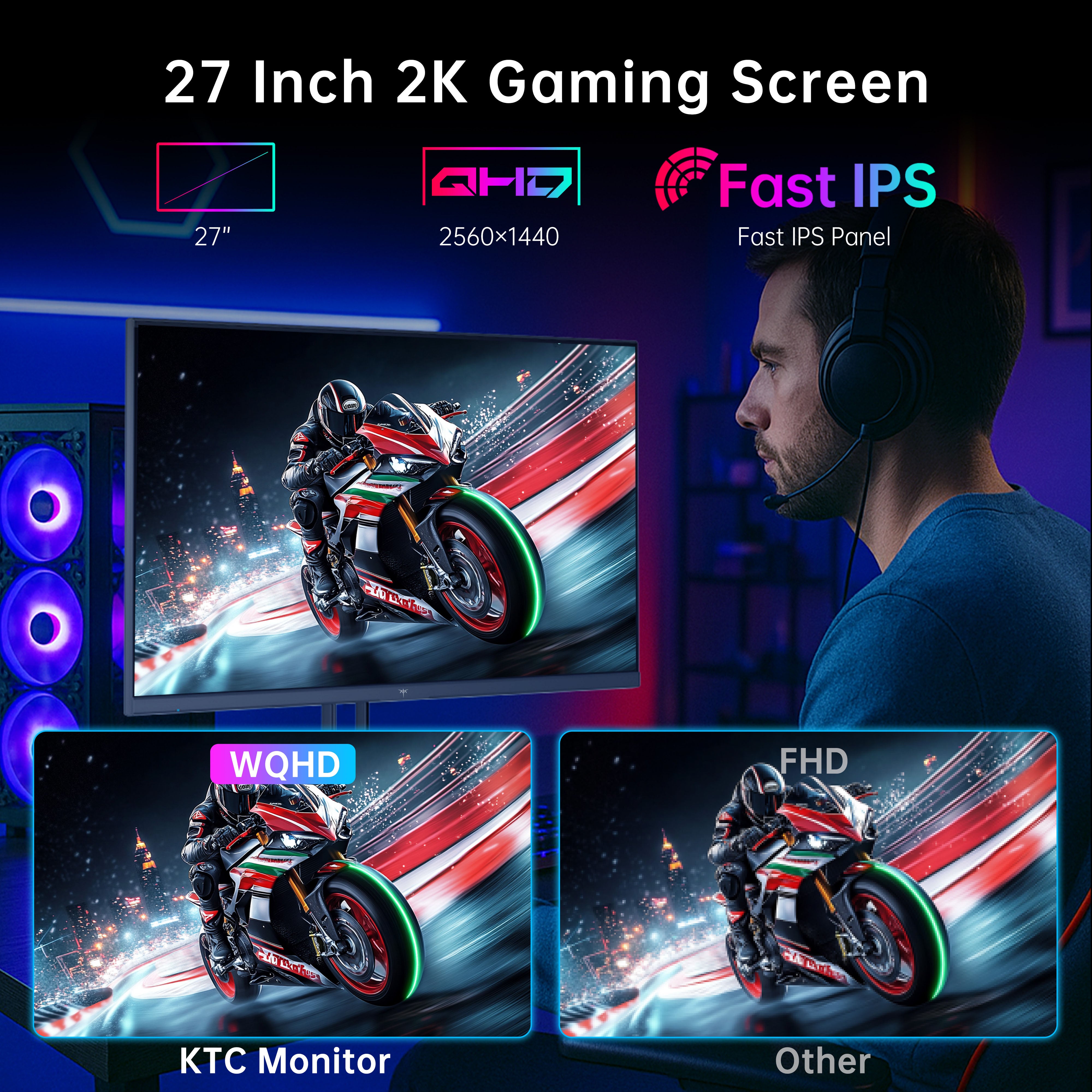 KTC 27-inch 2K Gaming Monitor for esports: Features 210Hz refresh rate, Fast IPS panel for smooth visuals.