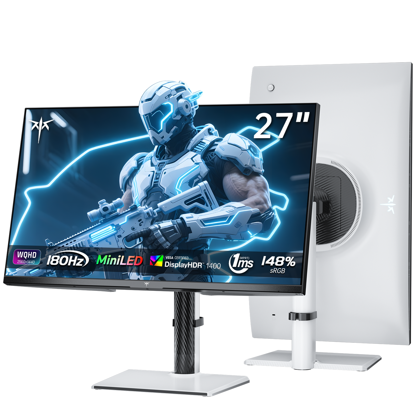 KTC 27 inch Mini LED Gaming Monitor - HDR1400 with white stand, 180Hz refresh rate, and WQHD resolution
