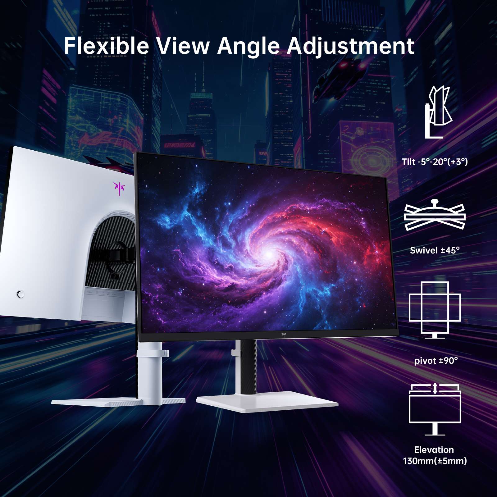 KTC M27U6 gaming monitor with adjustable stand showing tilt, swivel, pivot and height settings
