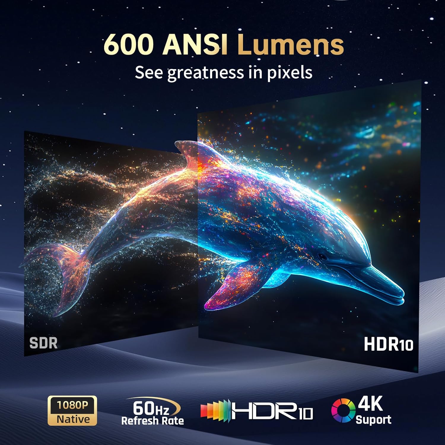 KTC P10 smart projector front view, native 1080P and 4K support, black body with lens and speaker grille