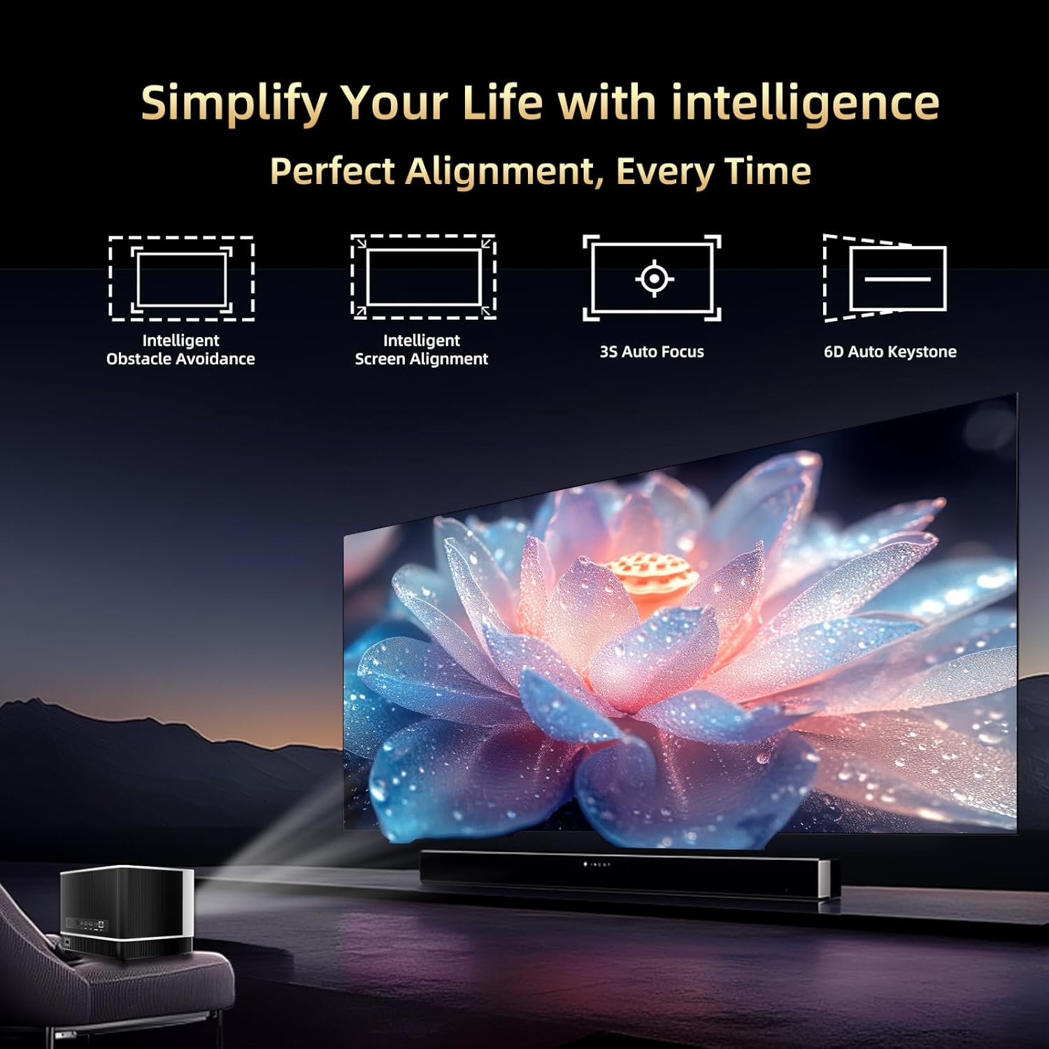 KTC P10 smart projector projecting a vivid home theater display, native 1080P and 4K support